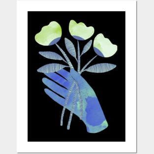 Blue hand with green flowers for you on black background Posters and Art